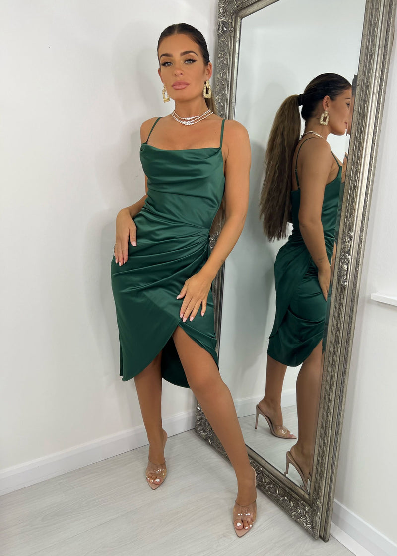 Nancy Satin Spilt Midi Dress - Emerald Green