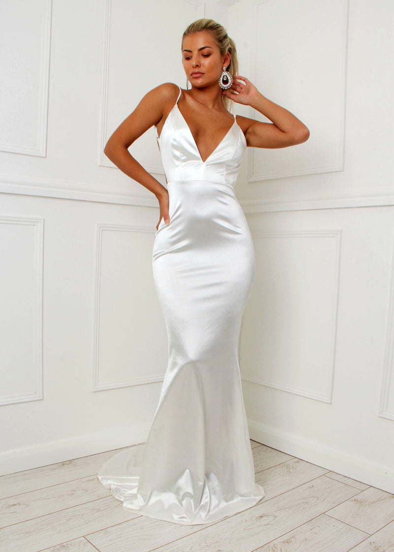 Love Affair Satin Gown with Ruched Back - White
