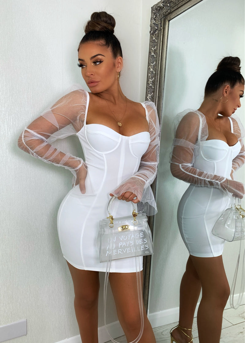 Sheer Attack Puff Sleeve Bodycon Dress - White