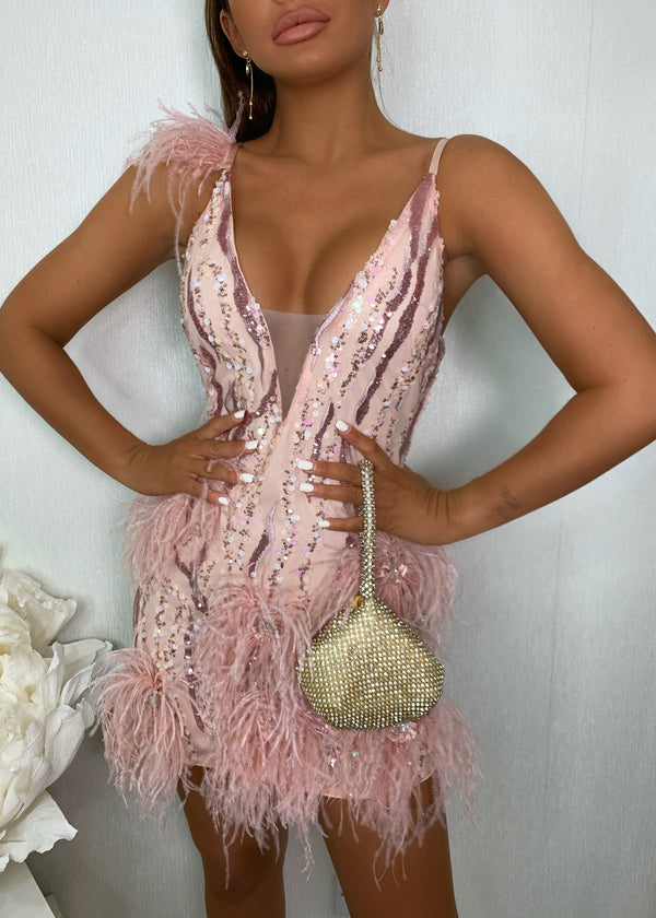 Felicity Premium Sequin Feather Mini Dress - Pink