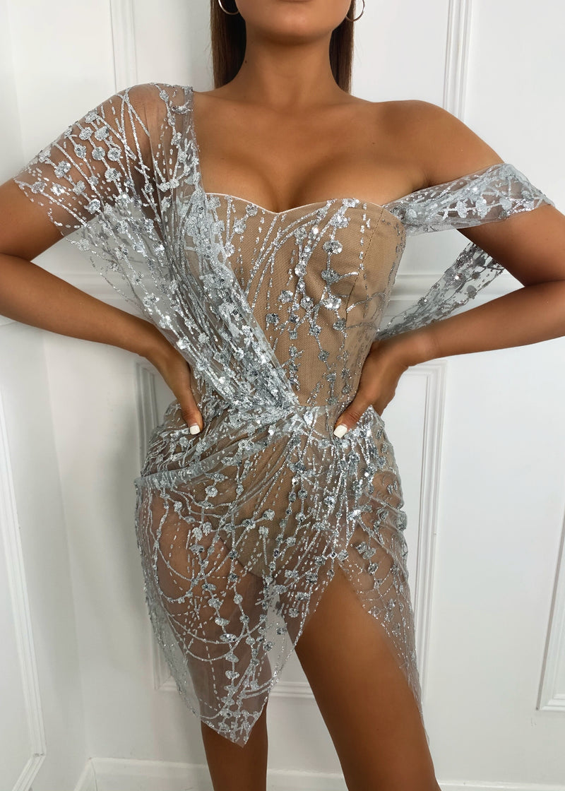 Sparkle Delight Glitter Mesh Dress - Silver